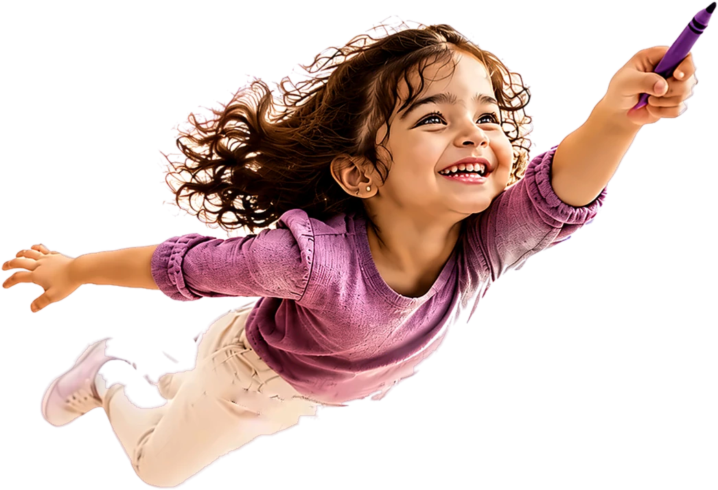 A happy little girl flying past a glowing star, holding a purple crayon